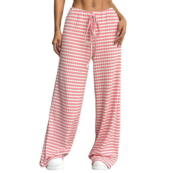 jinghuiyue Women Wide Leg Pants Striped Elastic Low Waisted Pants Casual Knit Loungewear with Drawstring S