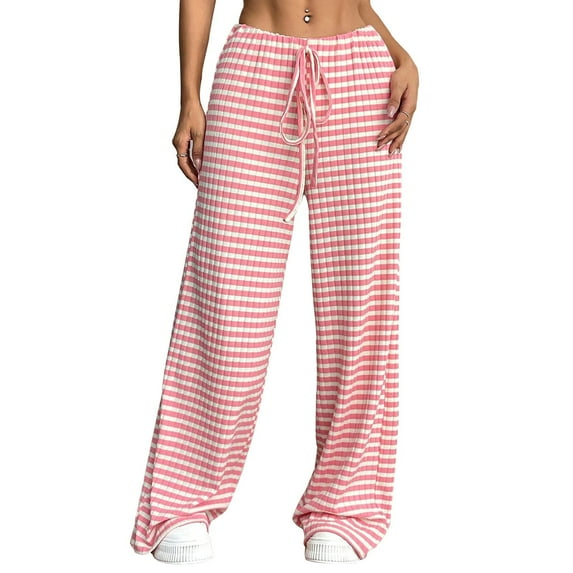 jinghuiyue Women Wide Leg Pants Striped Elastic Low Waisted Pants Casual Knit Loungewear with Drawstring S