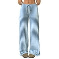 thumbnail image 1 of jinghuiyue Women Wide Leg Pants Striped Elastic Low Waisted Pants Casual Knit Loungewear with Drawstring S, 1 of 6