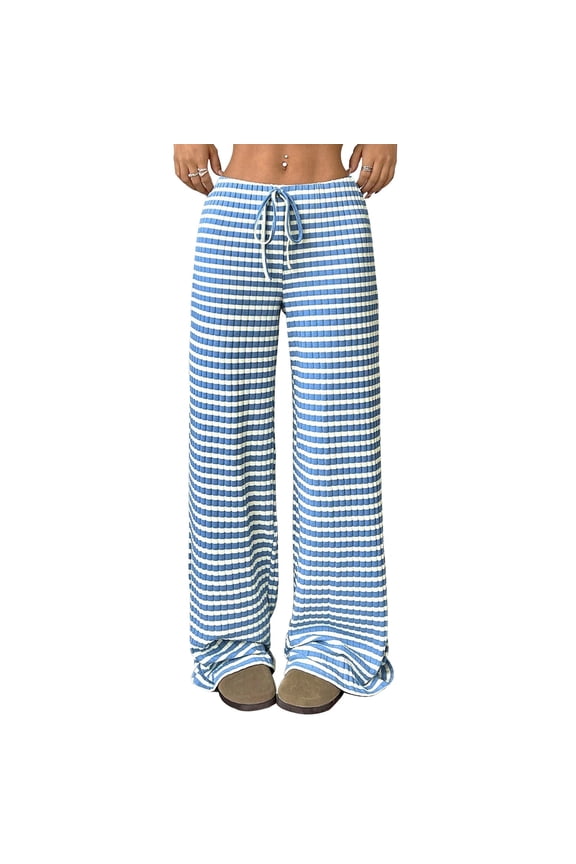 Women Wide Leg Pants Striped Elastic Low Waisted Pants Casual Knit Loungewear with Drawstring S