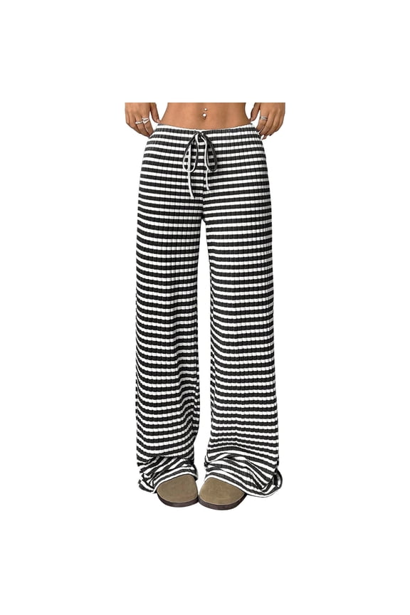 Women Wide Leg Pants Striped Elastic Low Waisted Pants Casual Knit Loungewear with Drawstring M