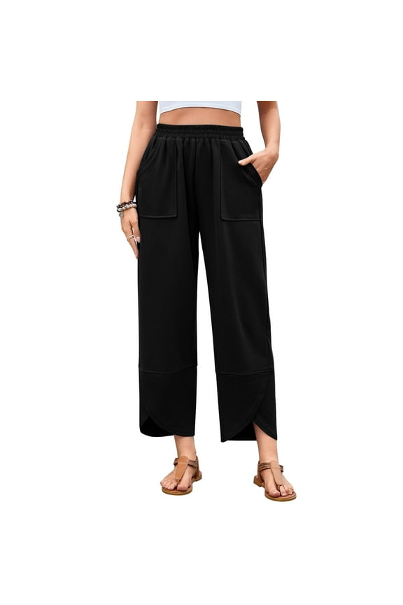 Womens Baggy Wide Leg Pants Casual Loose Elastic High Waisted Palazzo Harem Pants with Pockets M