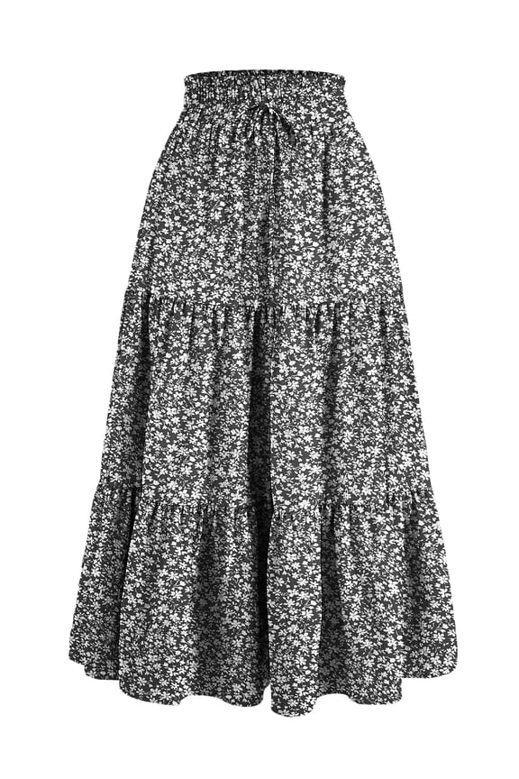 Womens Boho Floral Midi Skirt Elastic High Waist A Line Flowy Swing Casual Beach Skirts M