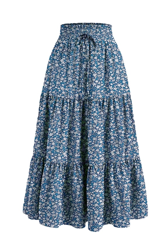 Womens Boho Floral Midi Skirt Elastic High Waist A Line Flowy Swing Casual Beach Skirts XL