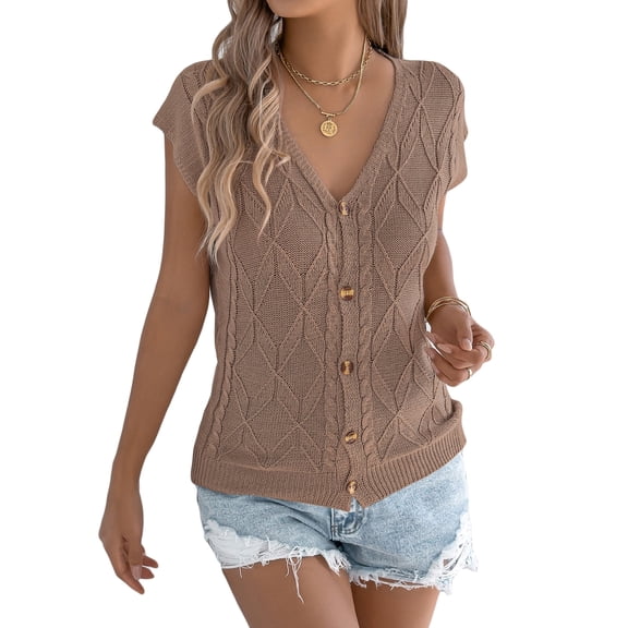 jinghuiyue Womens Button Down Sweater Vest Cap Short Sleeve Lightweight Cardigan Cable Knit Tops M