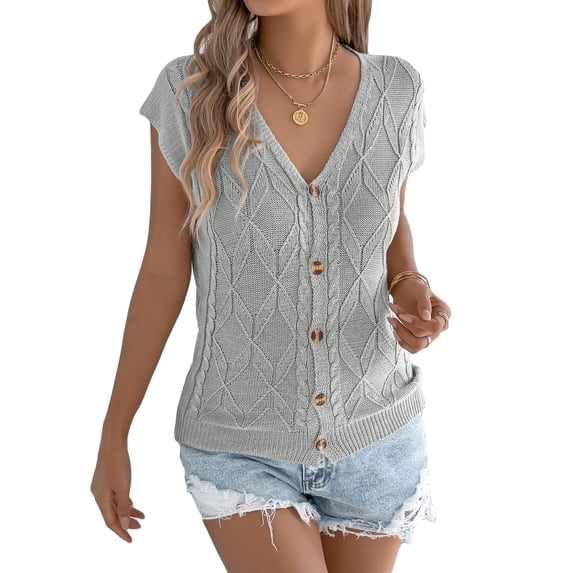 jinghuiyue Womens Button Down Sweater Vest Cap Short Sleeve Lightweight Cardigan Cable Knit Tops S