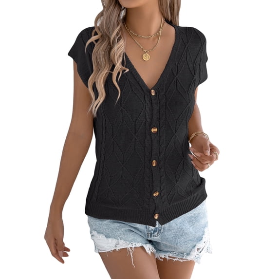 jinghuiyue Womens Button Down Sweater Vest Cap Short Sleeve Lightweight Cardigan Cable Knit Tops XL