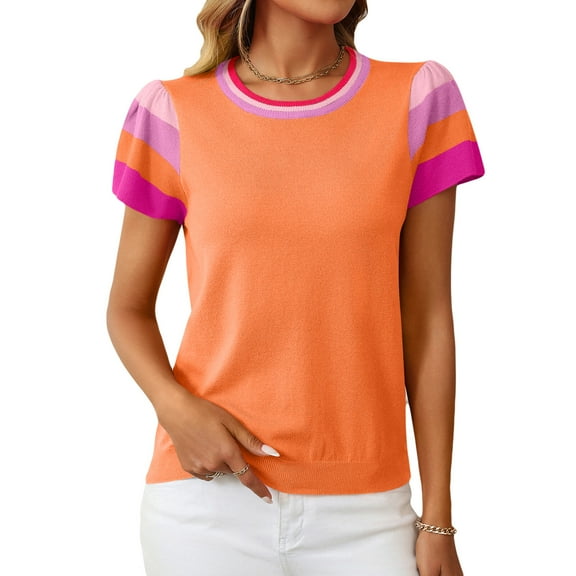 jinghuiyue Womens Cap Sleeve Tops Spring Summer Crew Neck Color Block Casual Knit T Shirts Lightweight Trendy Pullover Sweater Top L