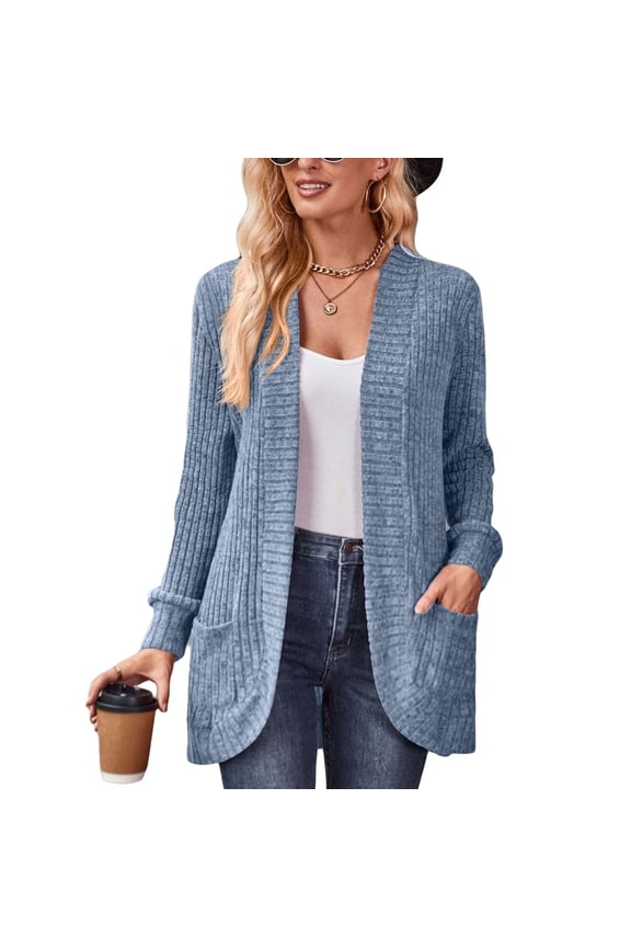 Womens Cardigan Sweater Long Sleeve Open Front Knit Cardigans Coat Fashion Lightweight Soft Outerwear with Pockets L