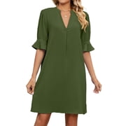 jinghuiyue Womens Casual Dresses V Neck Ruffle Short Sleeve Loose Flowy Midi Beach Vacation Shift Dress L