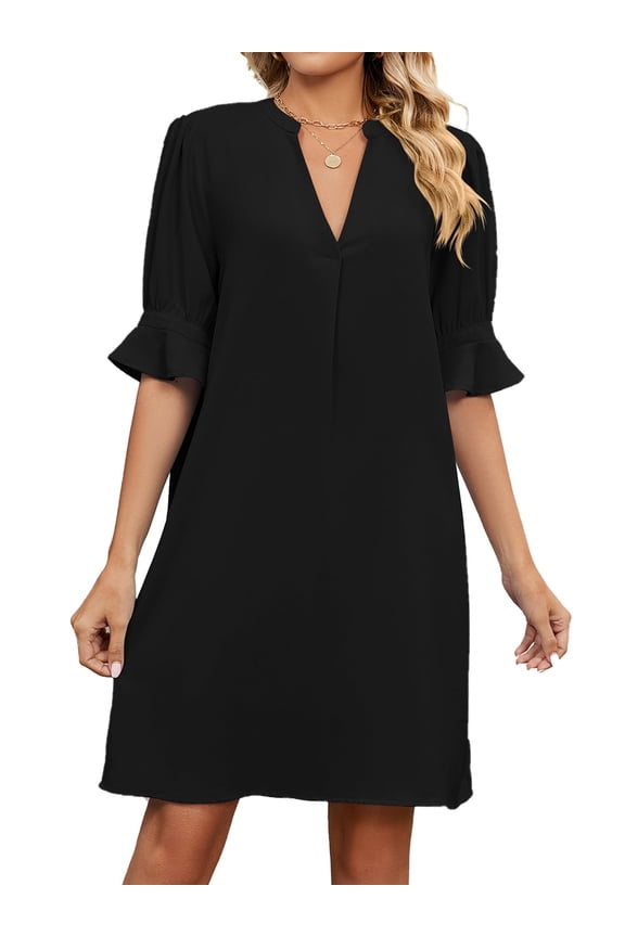 Womens Casual Dresses V Neck Ruffle Short Sleeve Loose Flowy Midi Beach Vacation Shift Dress XL