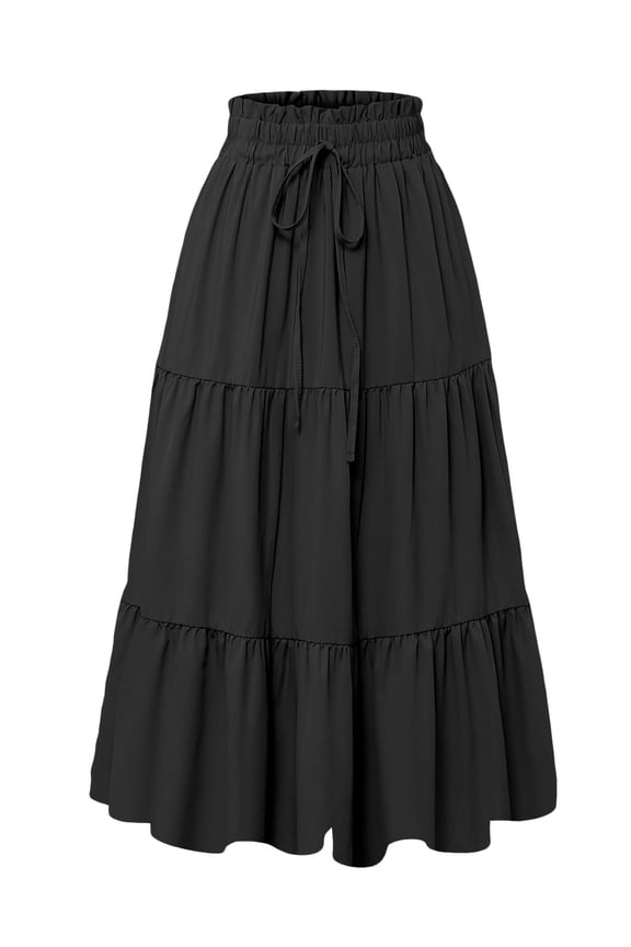 Womens Casual Midi Skirts A-Line Flowy Elastic High Waist Tiered Pleated Long Skirt Beach Vacation Trendy M
