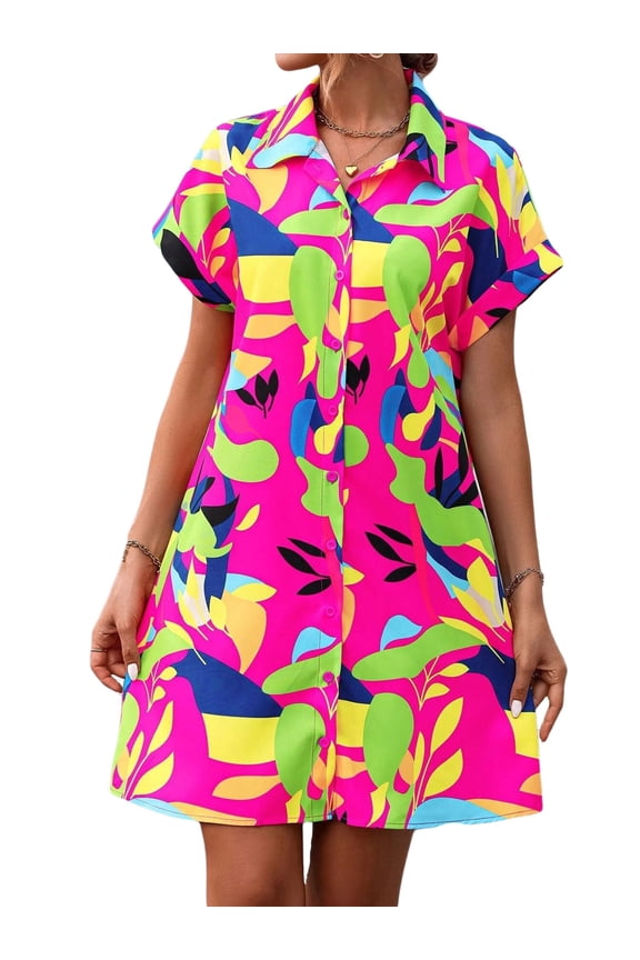 Womens Collared Button Down Shirt Dress Short Sleeve Loose Mini Casual Dresses Summer Beach Vacation Clothes M