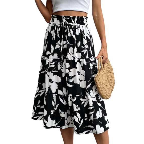 jinghuiyue Womens Floral Print Tiered Midi Skirts High Waist Flowy Ruffle A-Line Casual Summer Skirt L