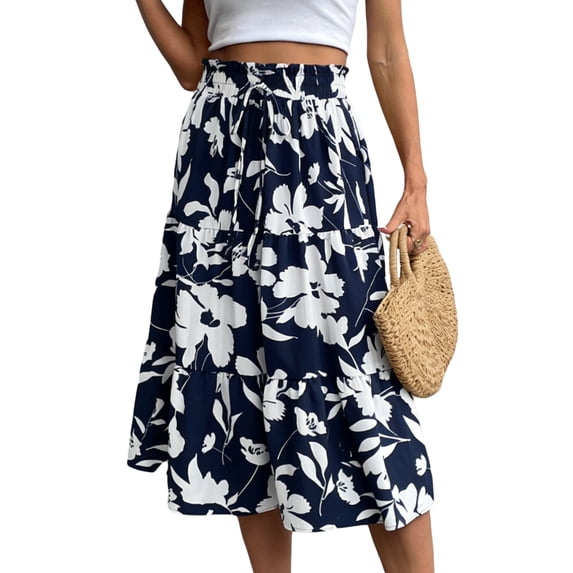 jinghuiyue Womens Floral Print Tiered Midi Skirts High Waist Flowy Ruffle A-Line Casual Summer Skirt M