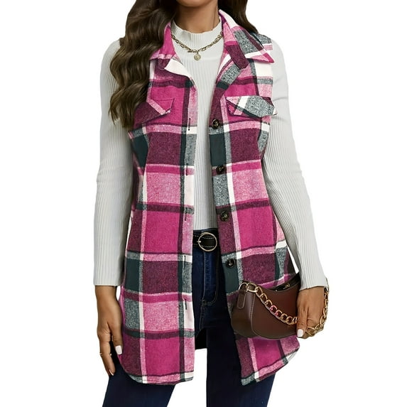 jinghuiyue Womens Plaid Vest Button Down Sleeveless Lapel Neck Long Vest Tops Outerwear Casual Flannel Waistcoat Jackets S