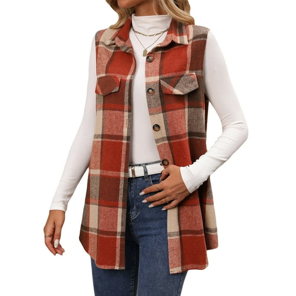 jinghuiyue Womens Plaid Vest Button Down Sleeveless Lapel Neck Long Vest Tops Outerwear Casual Flannel Waistcoat Jackets M