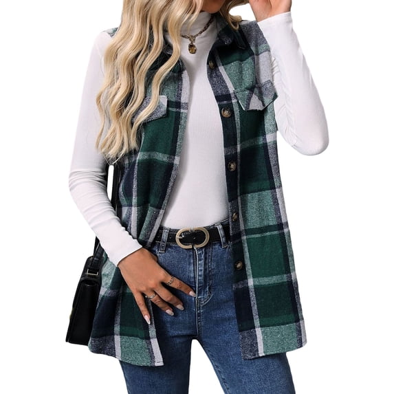 jinghuiyue Womens Plaid Vest Button Down Sleeveless Lapel Neck Long Vest Tops Outerwear Casual Flannel Waistcoat Jackets XL