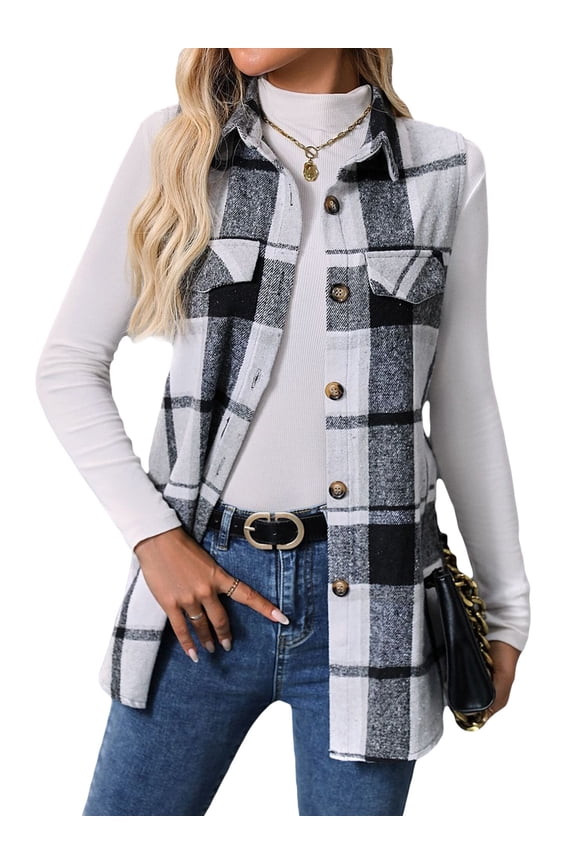 Womens Plaid Vest Button Down Sleeveless Lapel Neck Long Vest Tops Outerwear Casual Flannel Waistcoat Jackets L