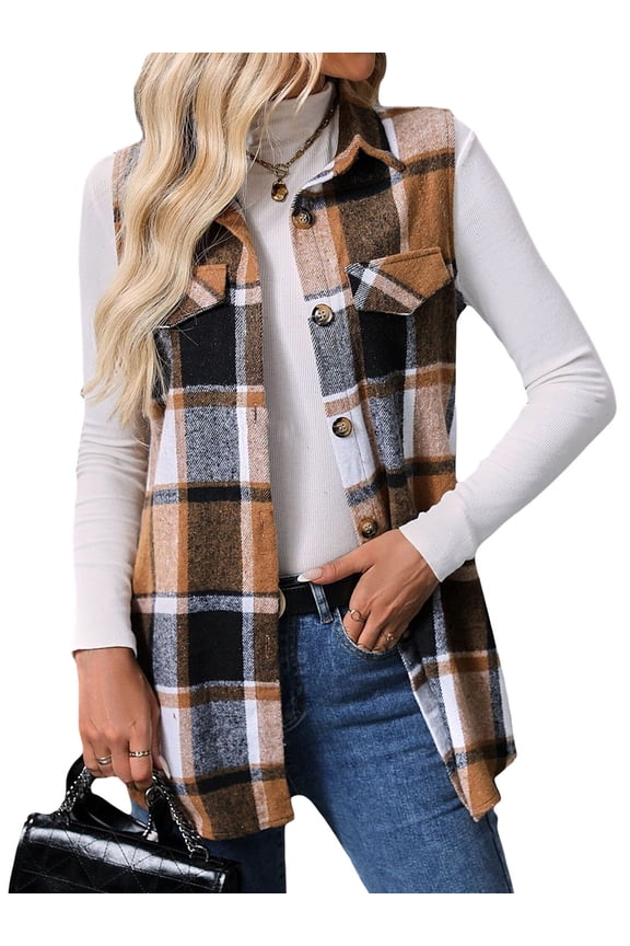 Womens Plaid Vest Button Down Sleeveless Lapel Neck Long Vest Tops Outerwear Casual Flannel Waistcoat Jackets L
