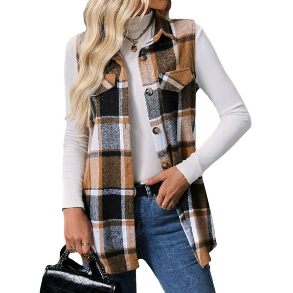 jinghuiyue Womens Plaid Vest Button Down Sleeveless Lapel Neck Long Vest Tops Outerwear Casual Flannel Waistcoat Jackets L