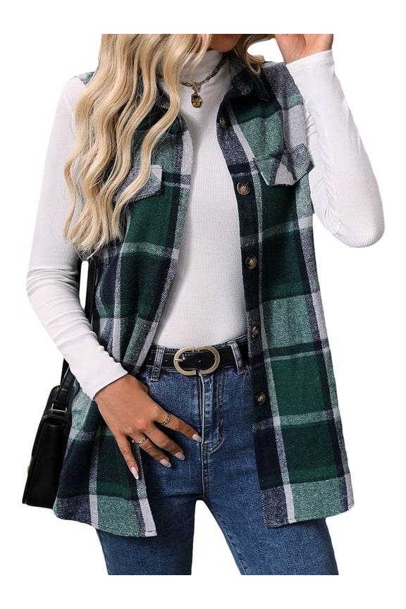 Womens Plaid Vest Button Down Sleeveless Lapel Neck Long Vest Tops Outerwear Casual Flannel Waistcoat Jackets XL