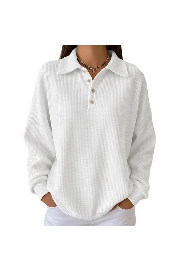 Womens Polo Shirts Long Sleeve Waffle Knit Button Down Shirt Casual Loose Fit V Neck Tunic Tops L