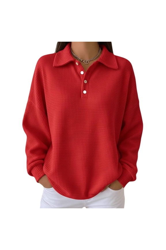 Womens Polo Shirts Long Sleeve Waffle Knit Button Down Shirt Casual Loose Fit V Neck Tunic Tops L