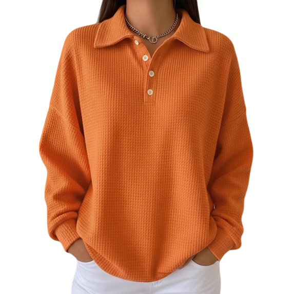jinghuiyue Womens Polo Shirts Long Sleeve Waffle Knit Button Down Shirt Casual Loose Fit V Neck Tunic Tops M