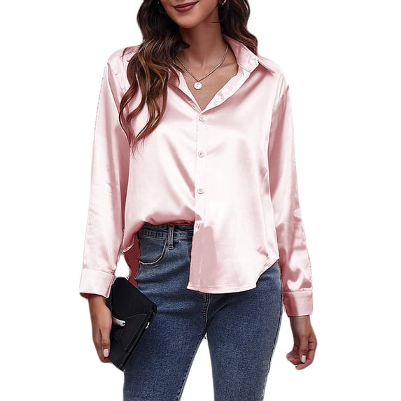jinghuiyue Womens Satin Button Down Shirt Casual Long Sleeve V Neck Solid Loose Blouse Dressy Business Tops L