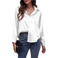 thumbnail image 1 of jinghuiyue Womens Satin Button Down Shirt Casual Long Sleeve V Neck Solid Loose Blouse Dressy Business Tops M, 1 of 6