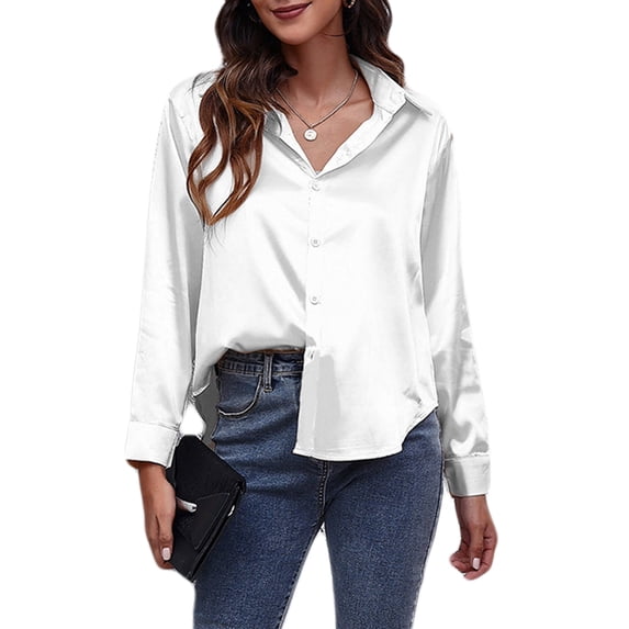 jinghuiyue Womens Satin Button Down Shirt Casual Long Sleeve V Neck Solid Loose Blouse Dressy Business Tops M