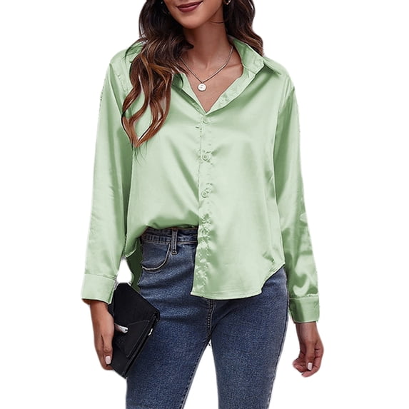 jinghuiyue Womens Satin Button Down Shirt Casual Long Sleeve V Neck Solid Loose Blouse Dressy Business Tops XL