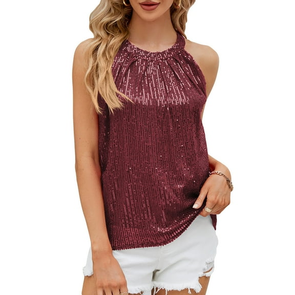 jinghuiyue Womens Sequin Halter Tops Sparkle Shimmer Tanks Tops Sleeveless Shiny Ruched Sparkly Glitter Party Shirt Country Concert Disco Outfits L
