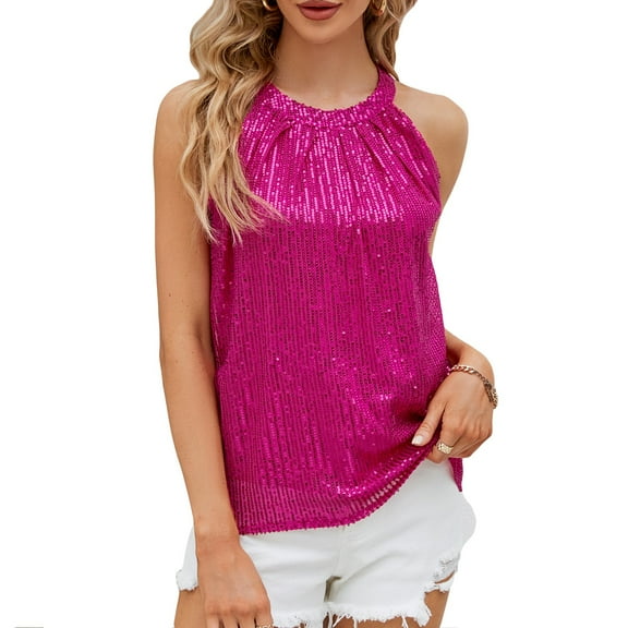 jinghuiyue Womens Sequin Halter Tops Sparkle Shimmer Tanks Tops Sleeveless Shiny Ruched Sparkly Glitter Party Shirt Country Concert Disco Outfits L