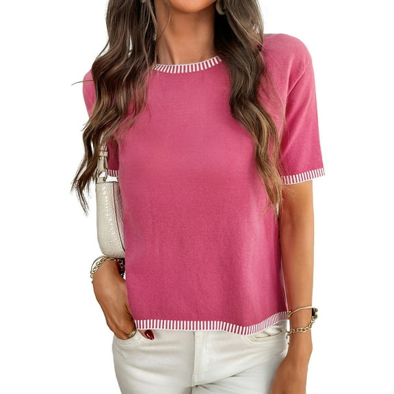 jinghuiyue Womens Short Sleeve Sweaters Tops Knit Crewneck Lightweight Summer Cropped T Shirts Casual Color Block Tees M