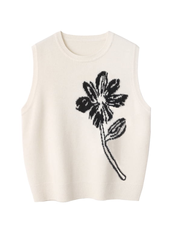 Womens Sleeveless Sweater Vest Floral Casual Knit Tank Tops Loose Fit Crew Neck Shirts Pullover