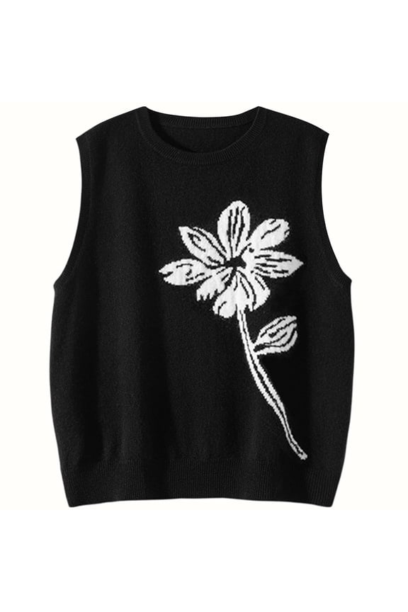 Womens Sleeveless Sweater Vest Floral Casual Knit Tank Tops Loose Fit Crew Neck Shirts Pullover