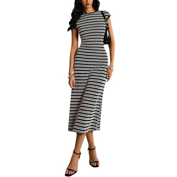 jinghuiyue Womens Striped Midi Dress Crew Neck Cap Sleeve Bodycon Knit Casual Office Vacation Dresses M