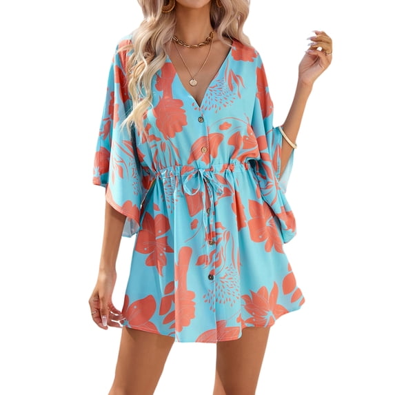 jinghuiyue Womens Summer Casual Dress V Neck Kimono Sleeve Tropical Print Mini Dresses Beach Vacation Clothes XXL