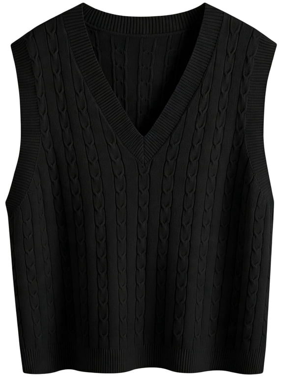 Womens Sweater Vest V Neck Cable Knit Pullover Solid Color Sleeveless Ribbed Sweater Tops L