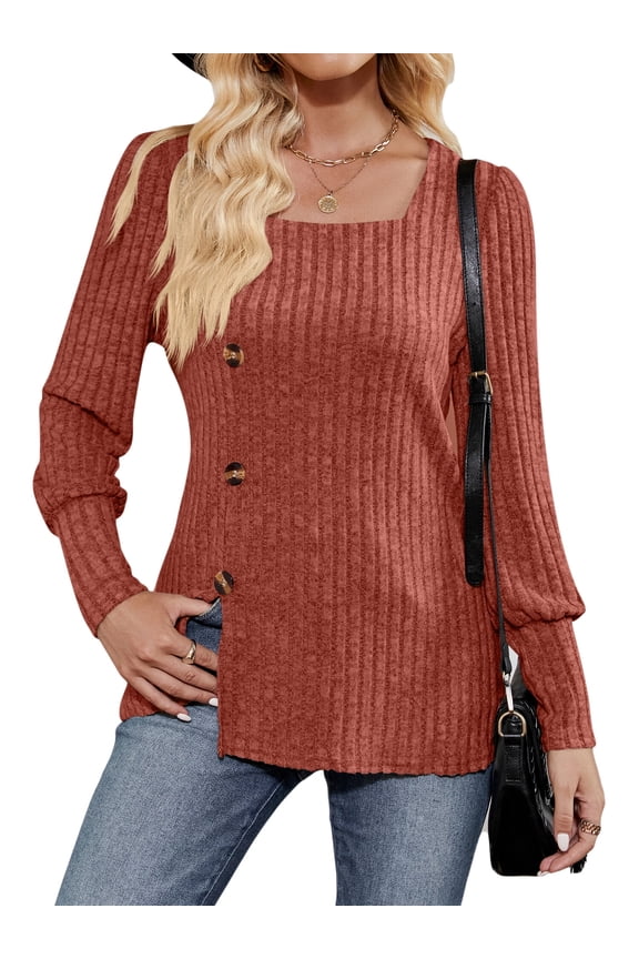 Womens Sweaters Long Sleeve Square Neck Side Slit Pullover Casual Deco Buttons Fashion Outwear Tops L