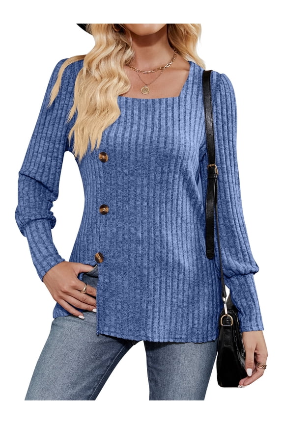 Womens Sweaters Long Sleeve Square Neck Side Slit Pullover Casual Deco Buttons Fashion Outwear Tops L