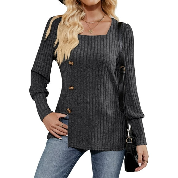 jinghuiyue Womens Sweaters Long Sleeve Square Neck Side Slit Pullover Casual Deco Buttons Fashion Outwear Tops L