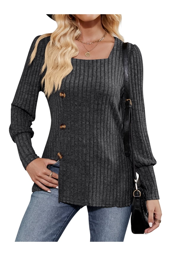 Womens Sweaters Long Sleeve Square Neck Side Slit Pullover Casual Deco Buttons Fashion Outwear Tops L