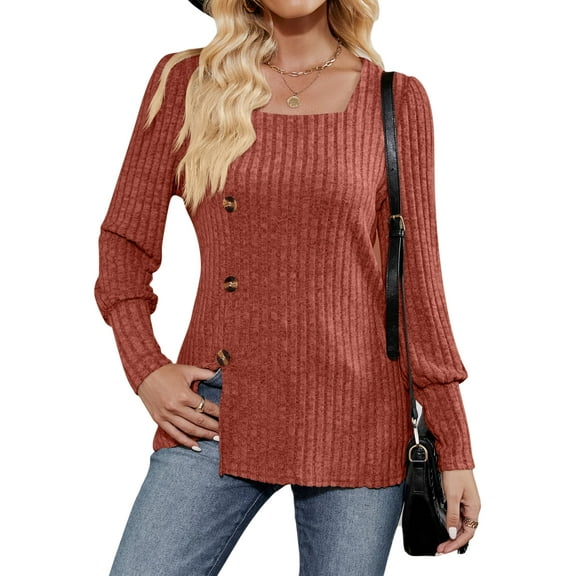 jinghuiyue Womens Sweaters Long Sleeve Square Neck Side Slit Pullover Casual Deco Buttons Fashion Outwear Tops S