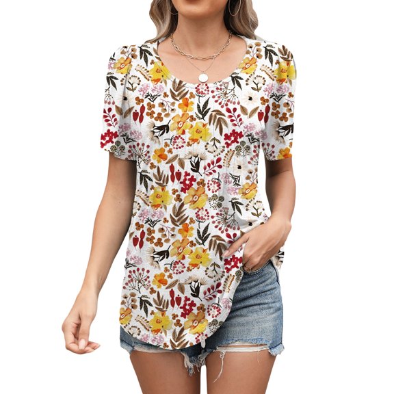 jinghuiyue Womens T Shirts Short Sleeve Pleated Crew Neck Tunic Top Casual Dressy Loose Fit Summer Tops Blouses XL