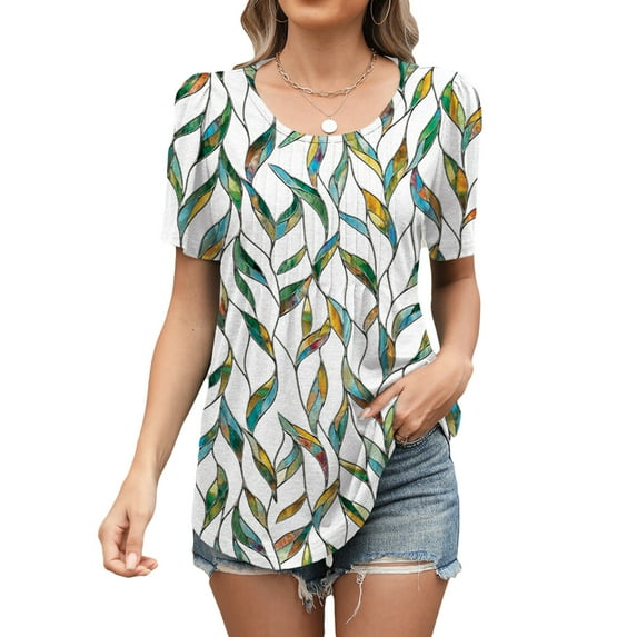 jinghuiyue Womens T Shirts Short Sleeve Pleated Crew Neck Tunic Top Casual Dressy Loose Fit Summer Tops Blouses S
