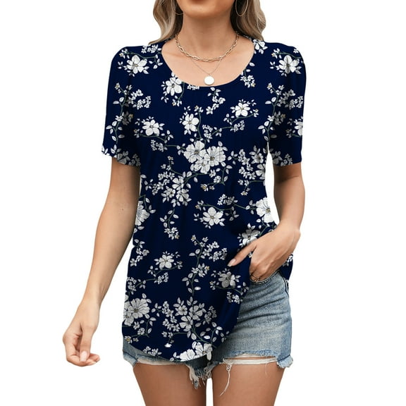 jinghuiyue Womens T Shirts Short Sleeve Pleated Crew Neck Tunic Top Casual Dressy Loose Fit Summer Tops Blouses XL