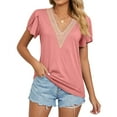 thumbnail image 1 of jinghuiyue Womens Tops Short Sleeve Causal Summer Lace V Neck Solid Color T Shirts Petal Sleeve Trendy Dressy Blouses M, 1 of 7